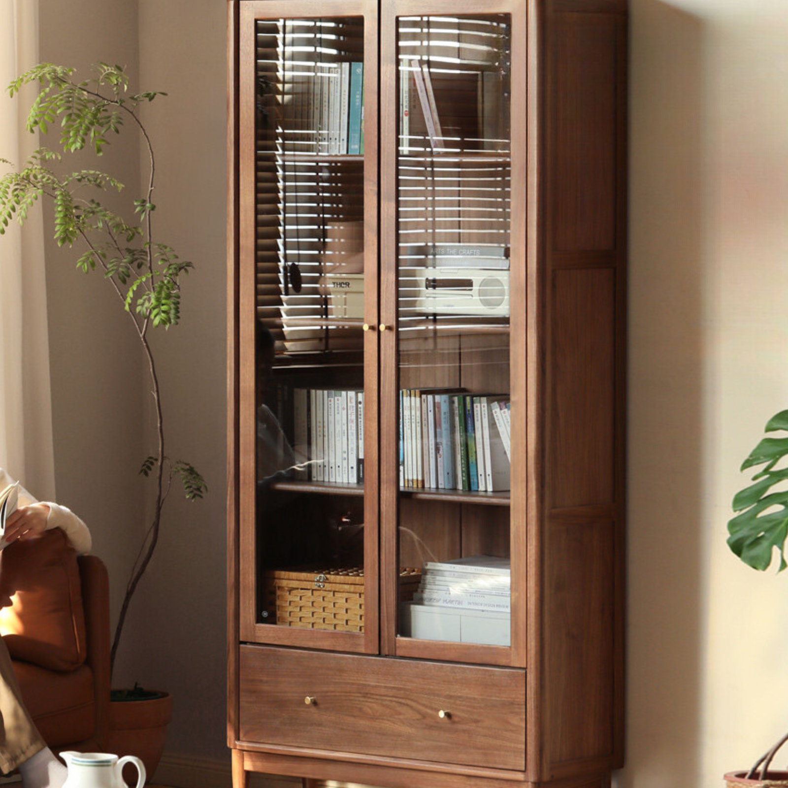 Black Walnut solid wood bookcase with glass door<