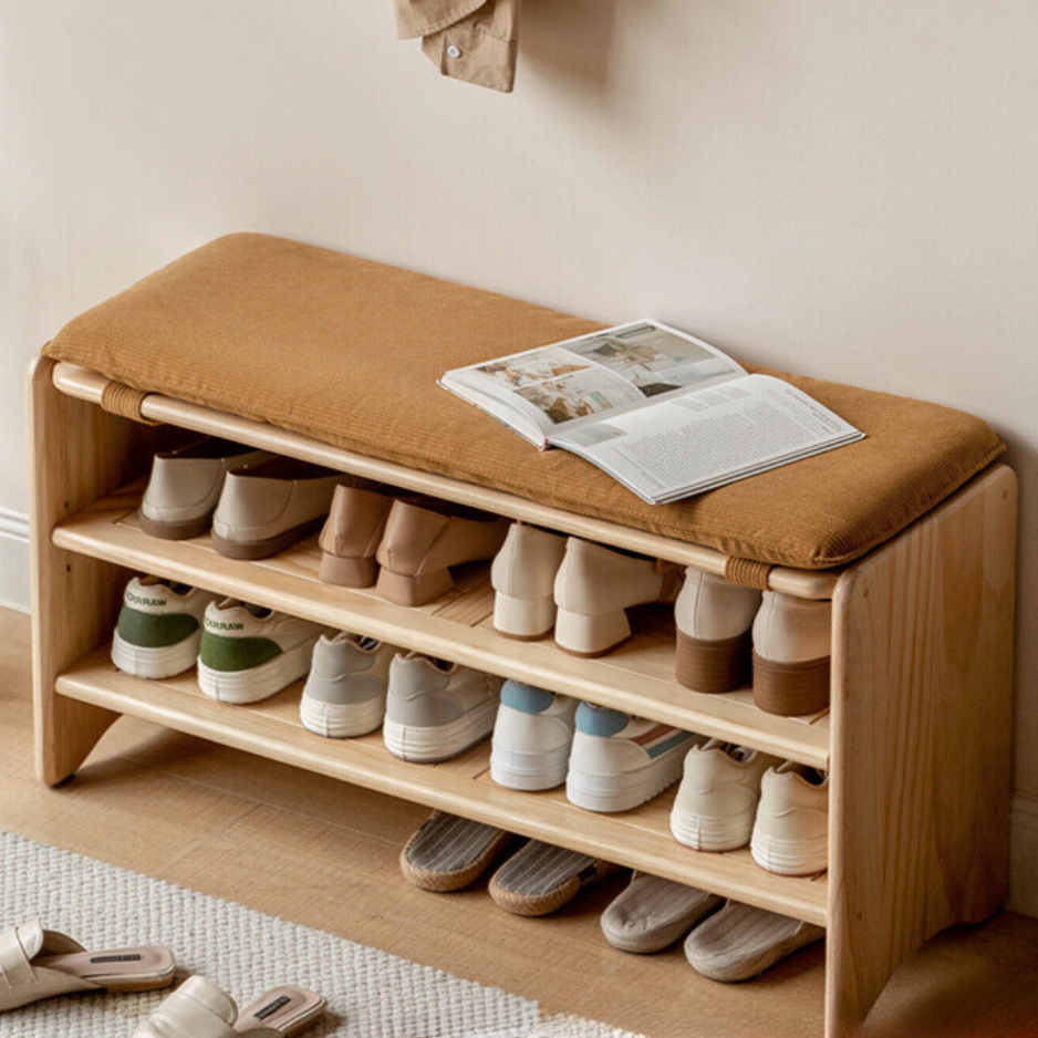 Pine Solid Wood Shoe Bench Multi-layer Log Shoe Rack