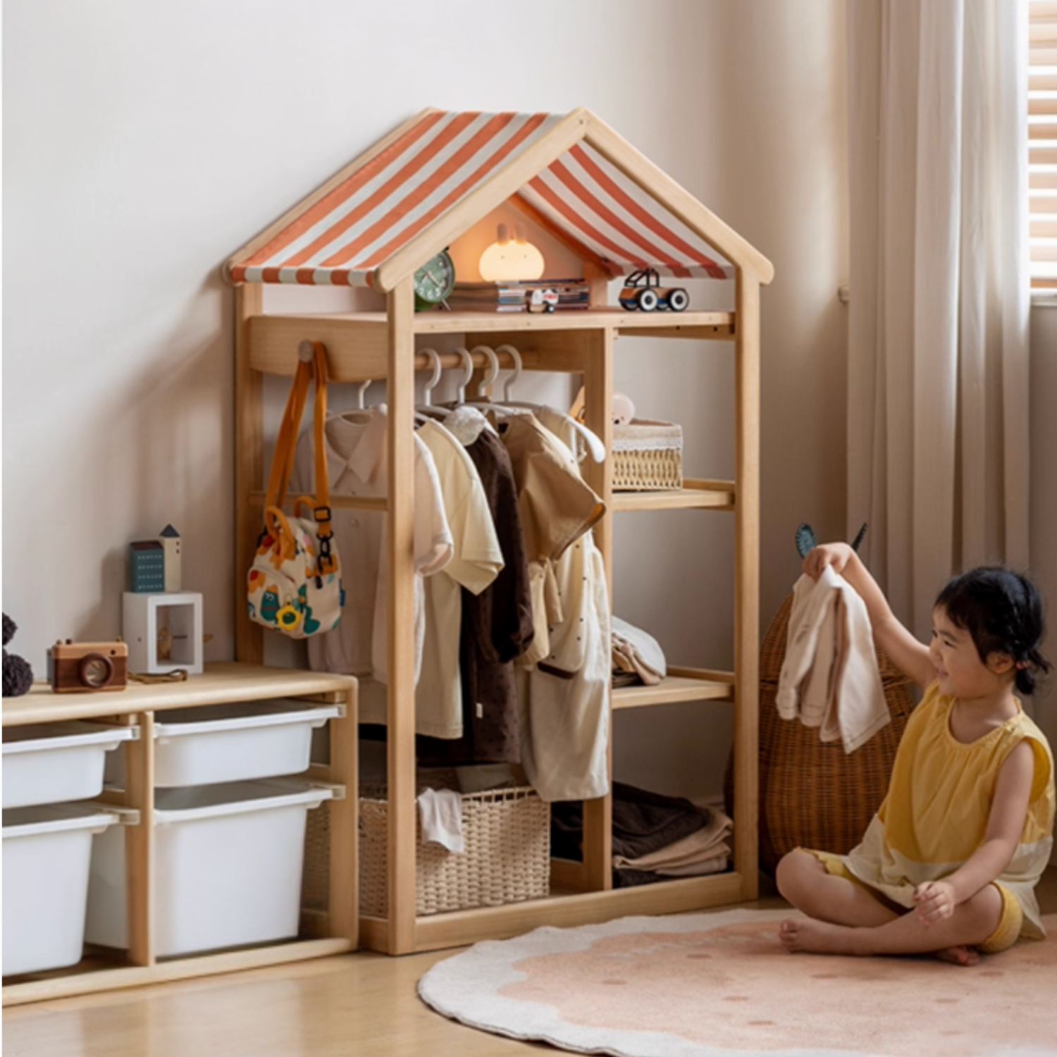 Poplar Solid Wood Children's Toy Storage Cabinet and Wardrobe With Hangers