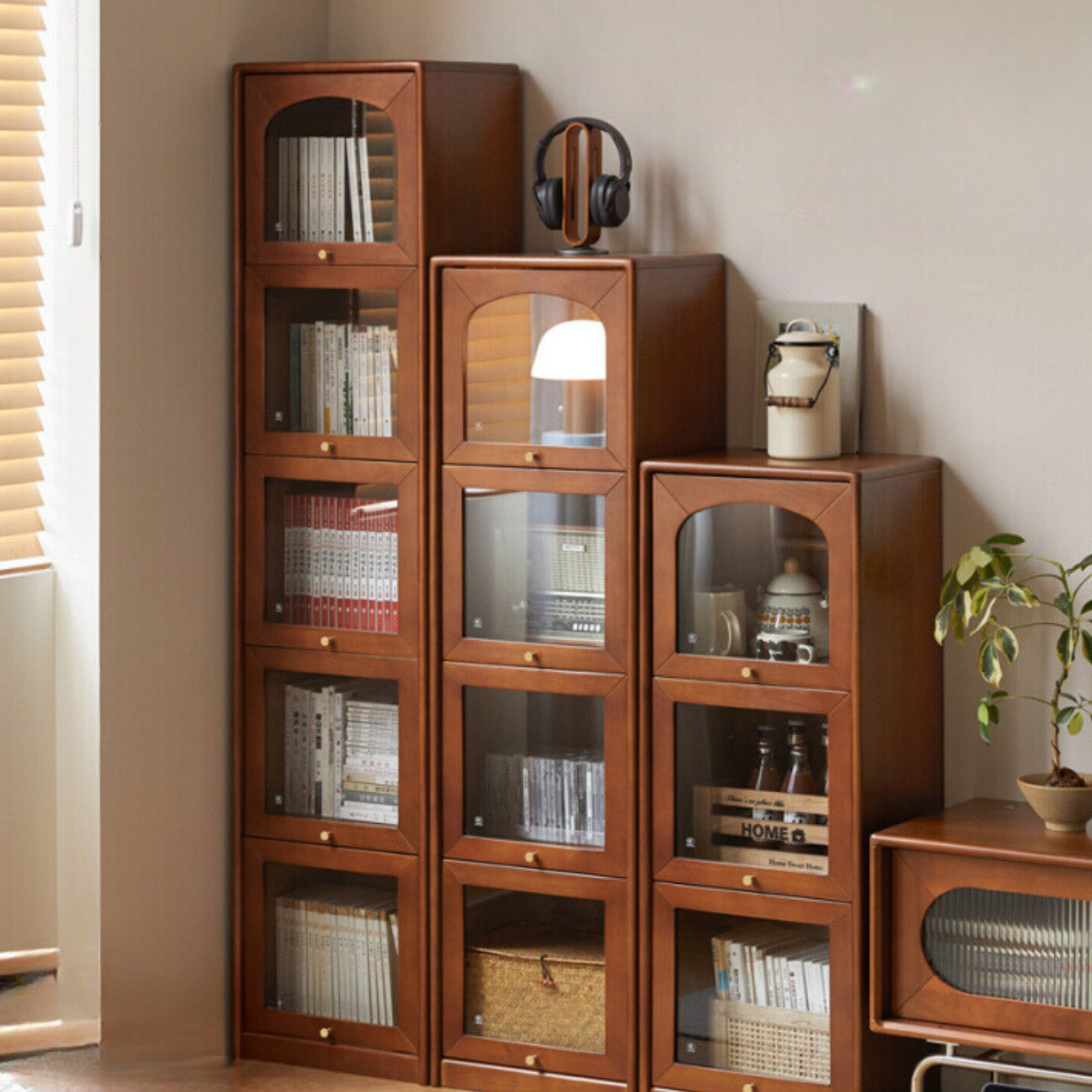 Poplar solid wood French retro glass flip door bookcase<