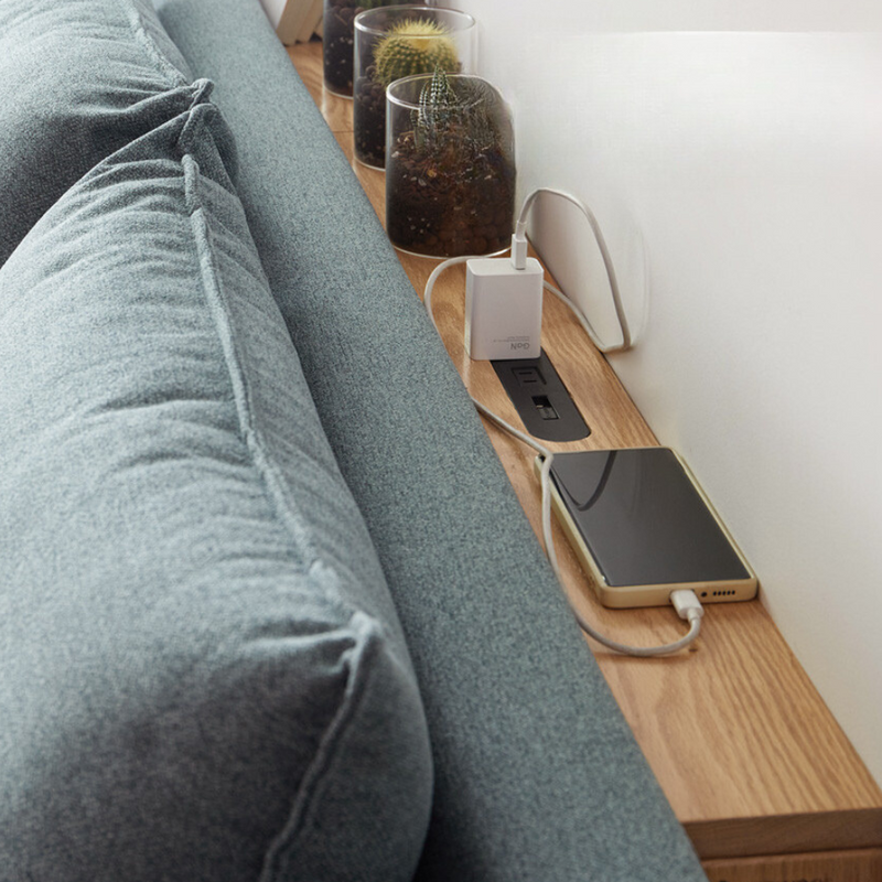 Oak Solid Wood Behind-Sofa Console Table with Built-In Charging Shelf