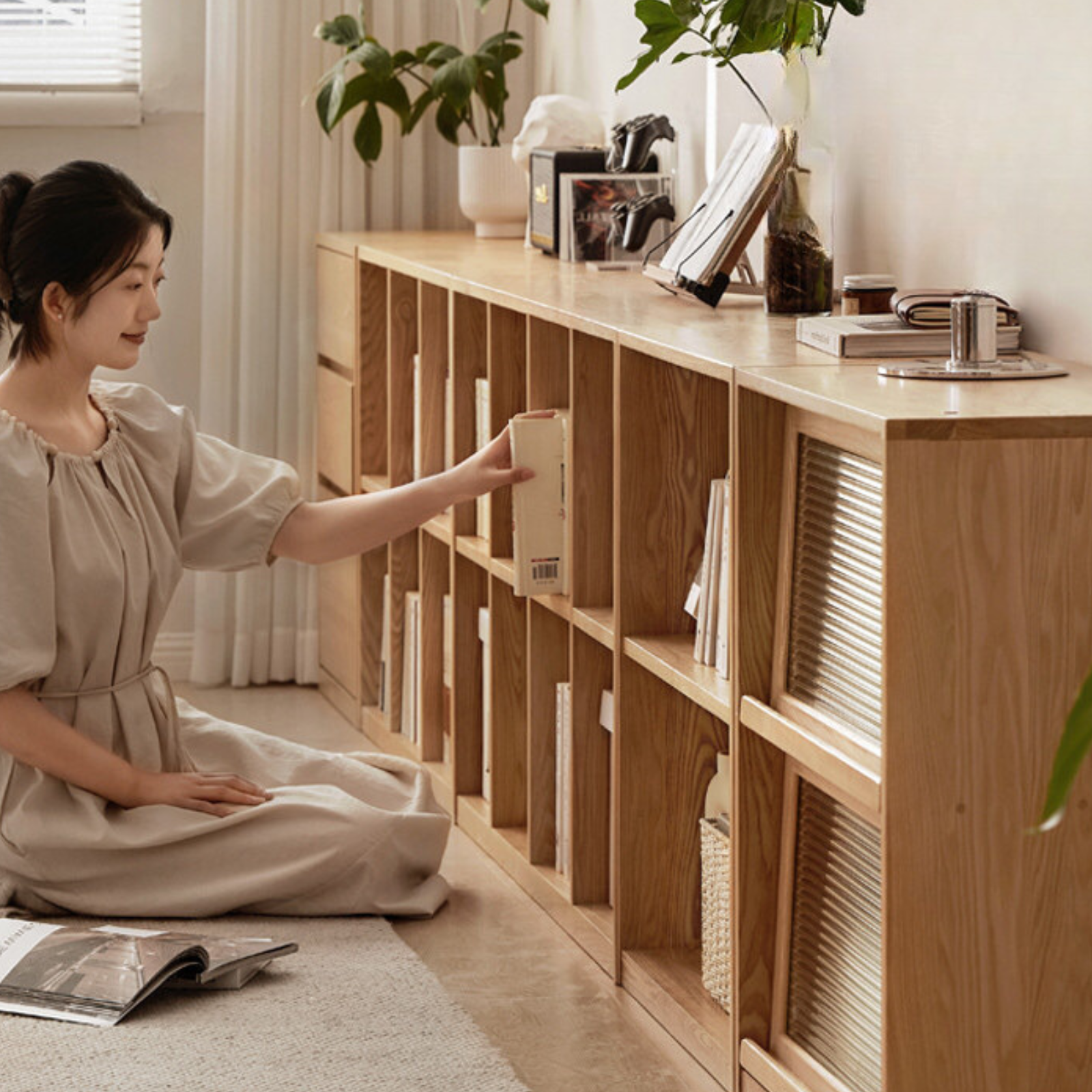 Ash solid wood bookcase simple floor bookshelf,