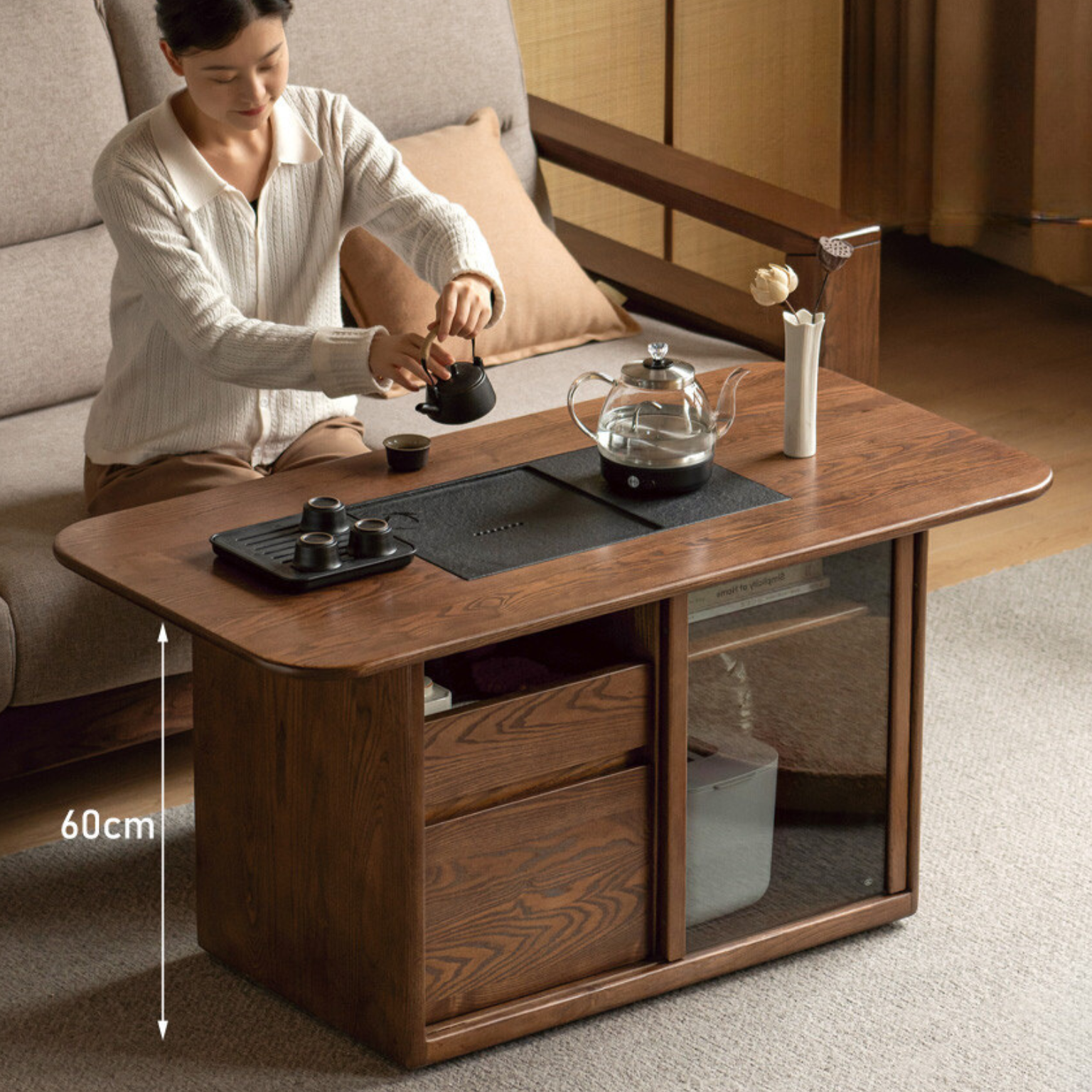 Ash solid wood mobile tea brewing integrated tea table-