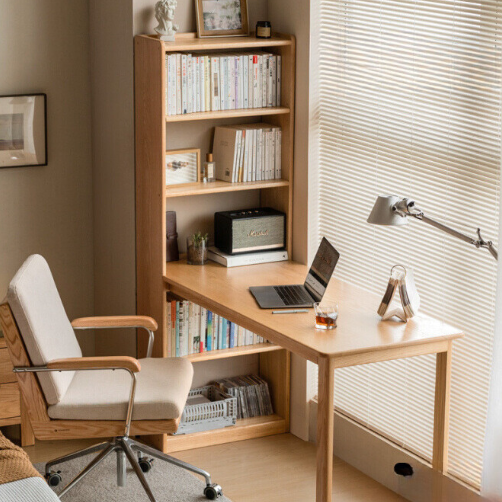 Oak Solid Wood Desk and Bookshelf Integrated Office Desk)