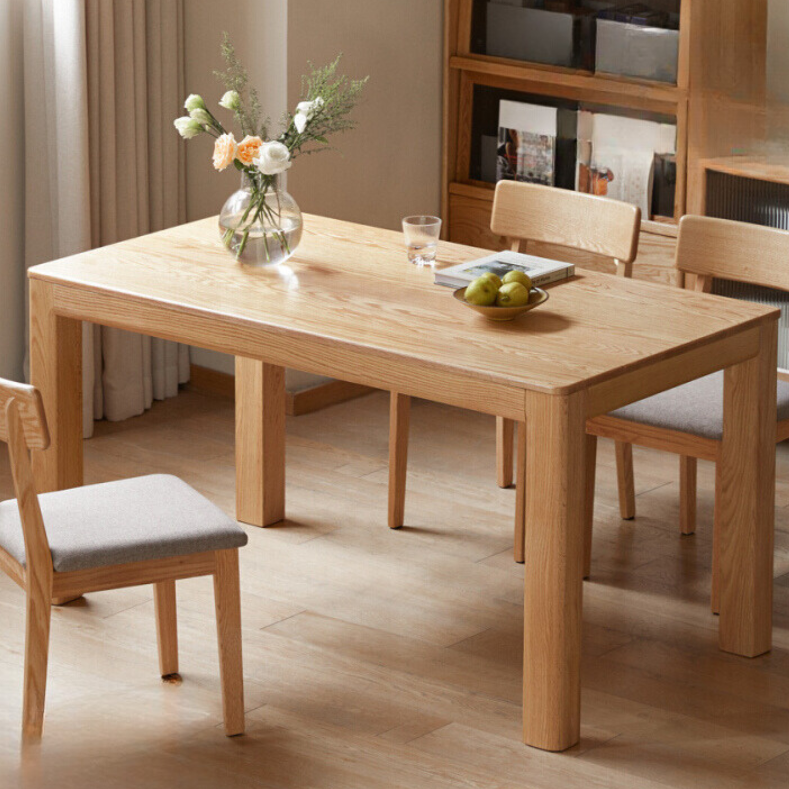 Oak Solid Wood Rectangular Dining Table, One Table and Four Chairs-