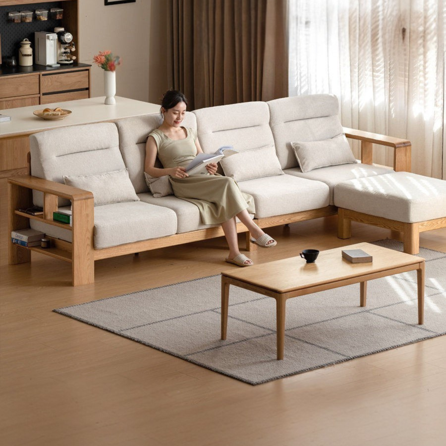 Oak Solid Wood Sectional Sofa-two colors available