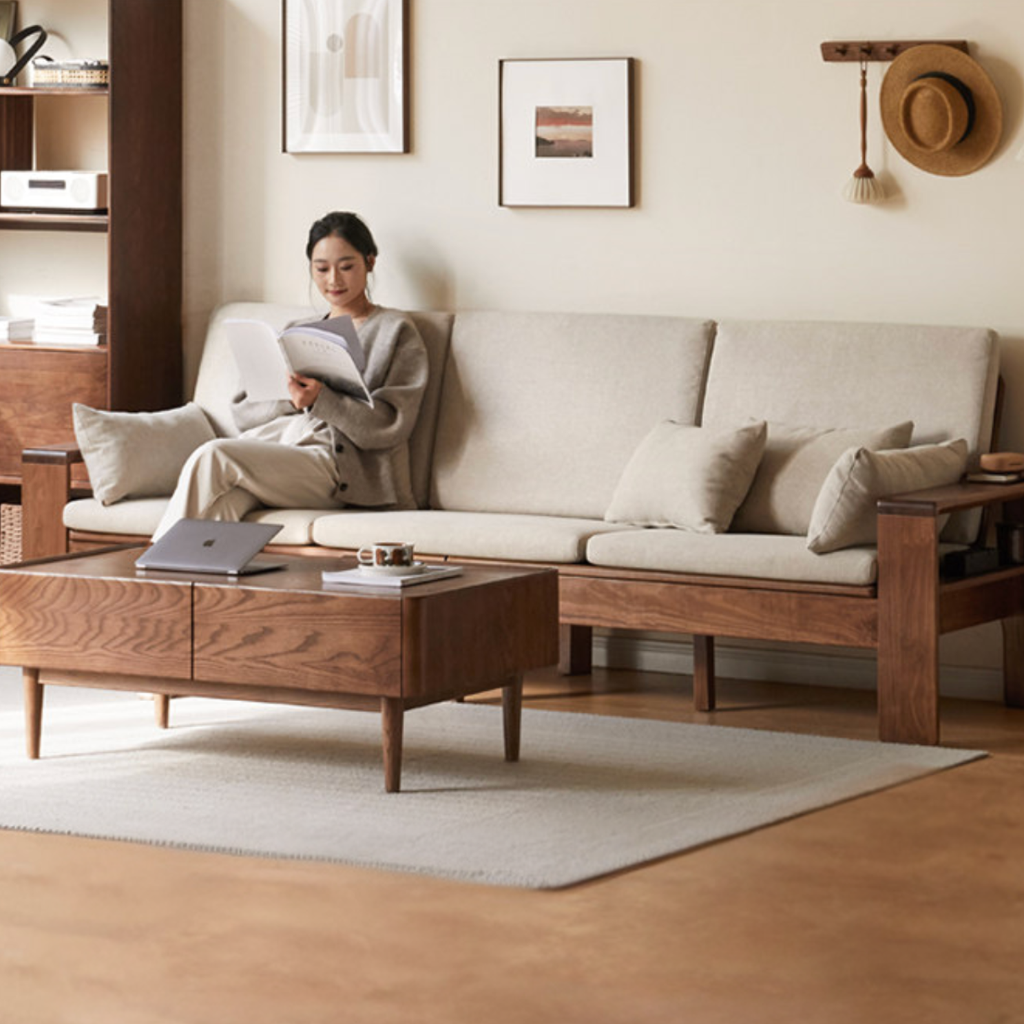 Black Walnut, Solid Sandalwood Fabric Sofa with Raised Legs, Winter/Summer Use
