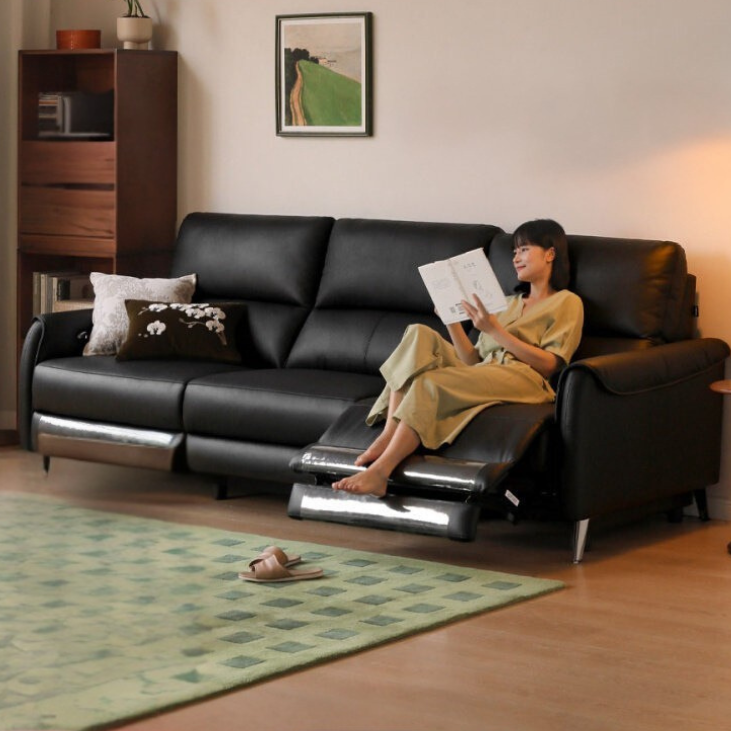 Genuine leather zero-wall electric recliner sofa with high backrest, deep cushioned seats