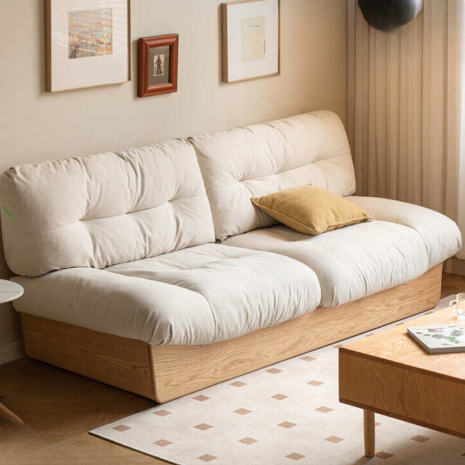 Oak Solid Wood Cream Style Down Floor Cloud Sofa"