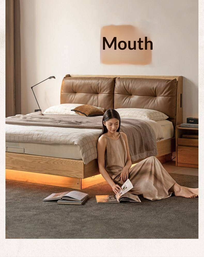 Ash Solid Wood Genuine Leather Upholstered Storage Bed with Electric Lift and LED Lighting