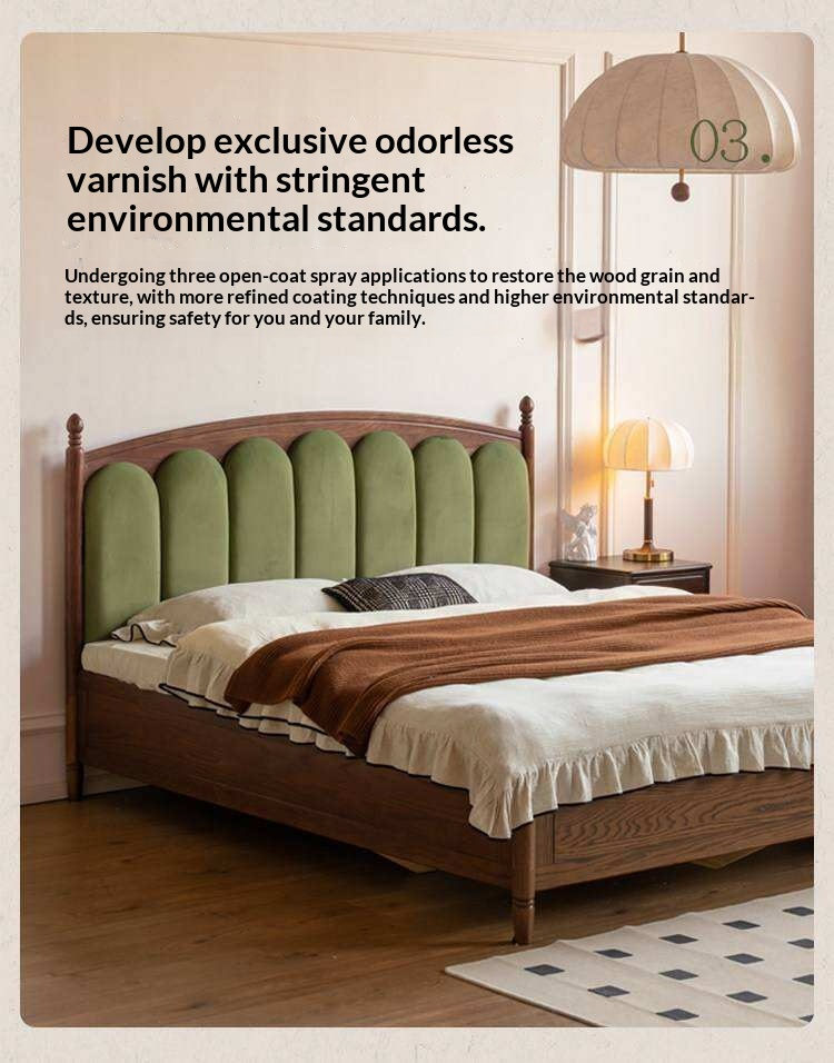 Oak Solid Wood Box Bed with Upholstered Vertical Channel Tufted Arched Headboard