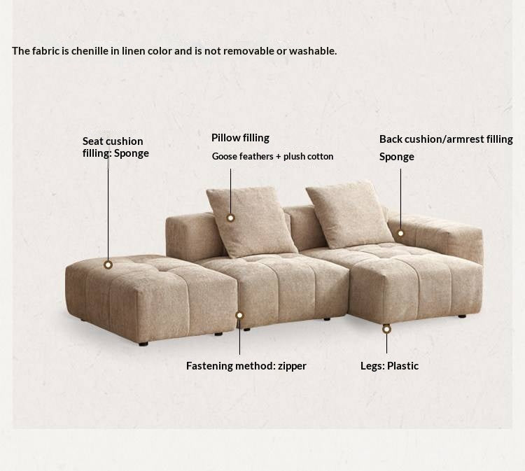 Pine Solid Wood Modular Sectional Sofa in Chenille Faux Linen with Feather-Filled Cushions, Chaise and Ottoman Options