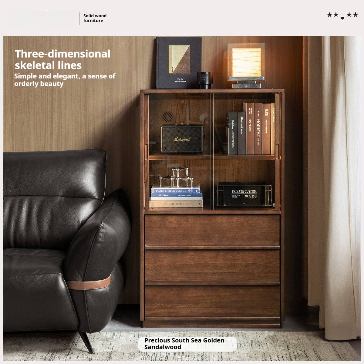 Sandalwood Solid Wood Tall Side Cabinet with Louvered Sliding Door and LED Lighting