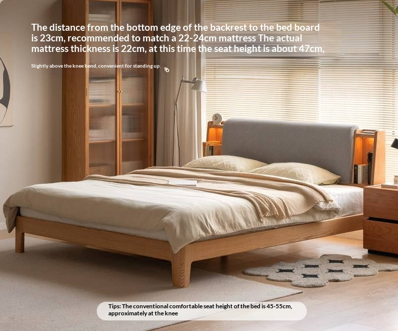 Oak Solid Wood Bed with Genuine Leather and Light Upholstery