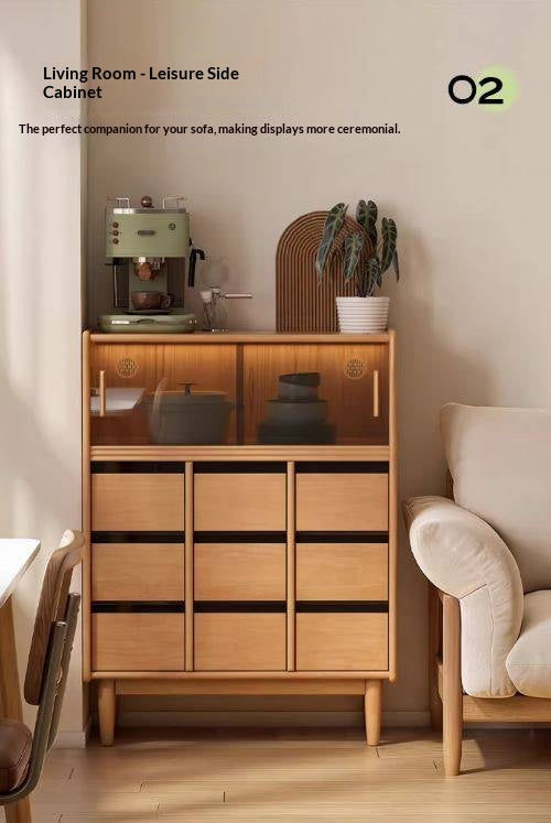 Solid Rubberwood Dining Sideboard with Glass Doors