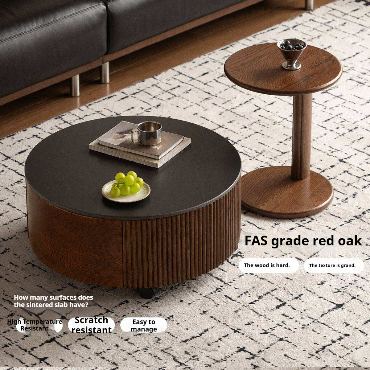 Oak Solid Wood Coffee Table with Layered Round Design and Rock Top