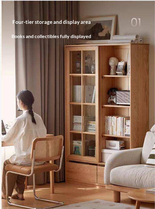 Ash Solid Wood Bookcase with Sliding Doors and Floor-to-Wall Glass Display Cabinet