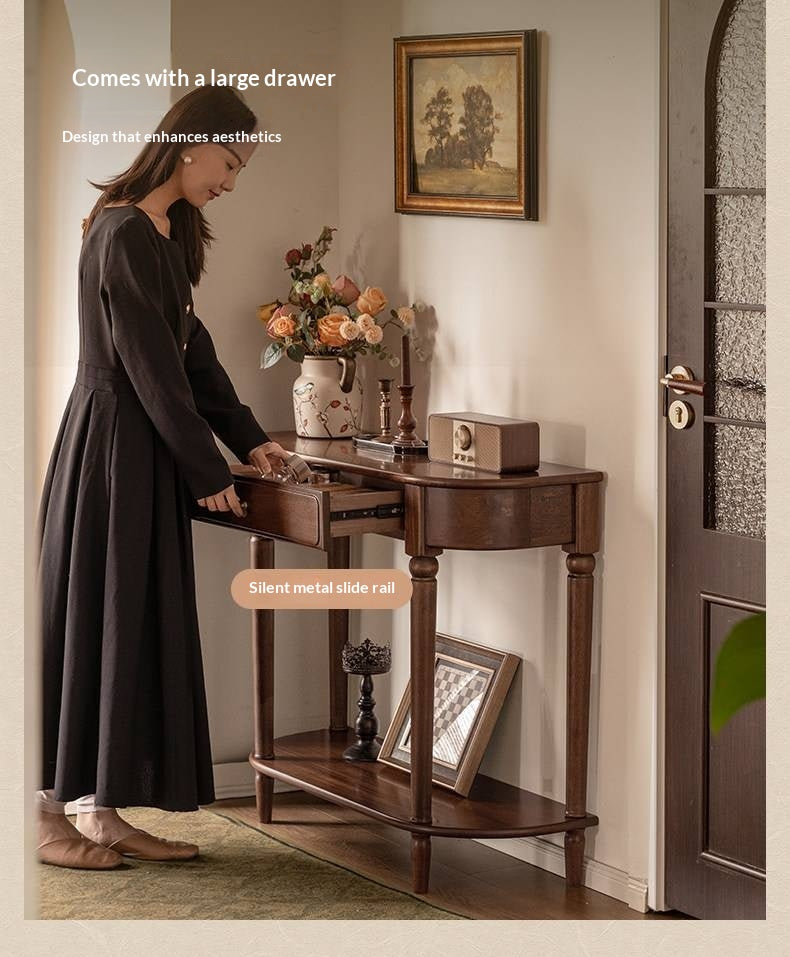 Sandalwood Solid Wood Traditional Demilune Console Table with Turned Legs and Drawer
