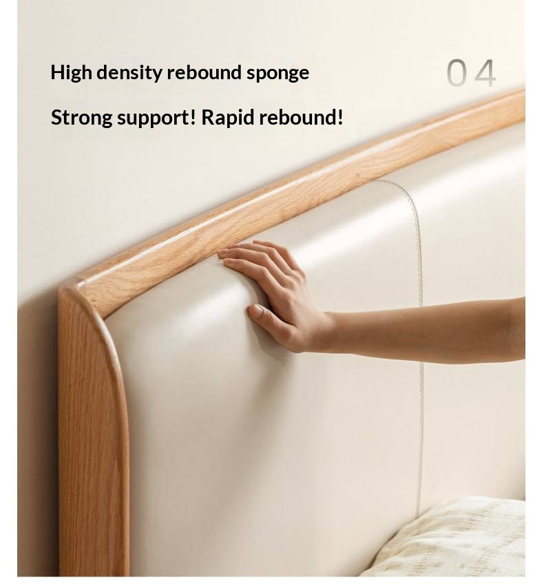 Oak Solid Wood Bed — Modern Minimalist, Genuine Leather Upholstered Bed