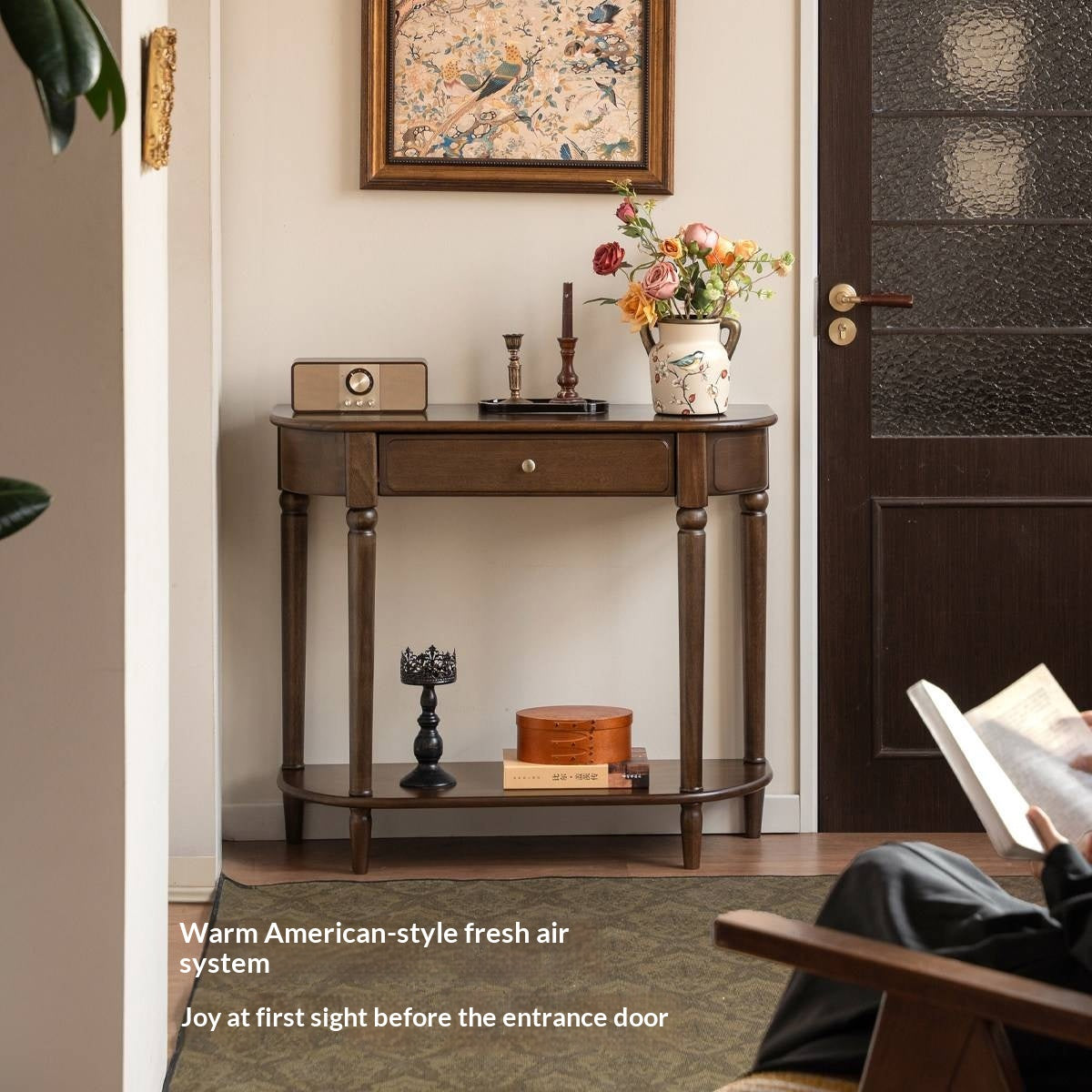 Sandalwood Solid Wood Traditional Demilune Console Table with Turned Legs and Drawer
