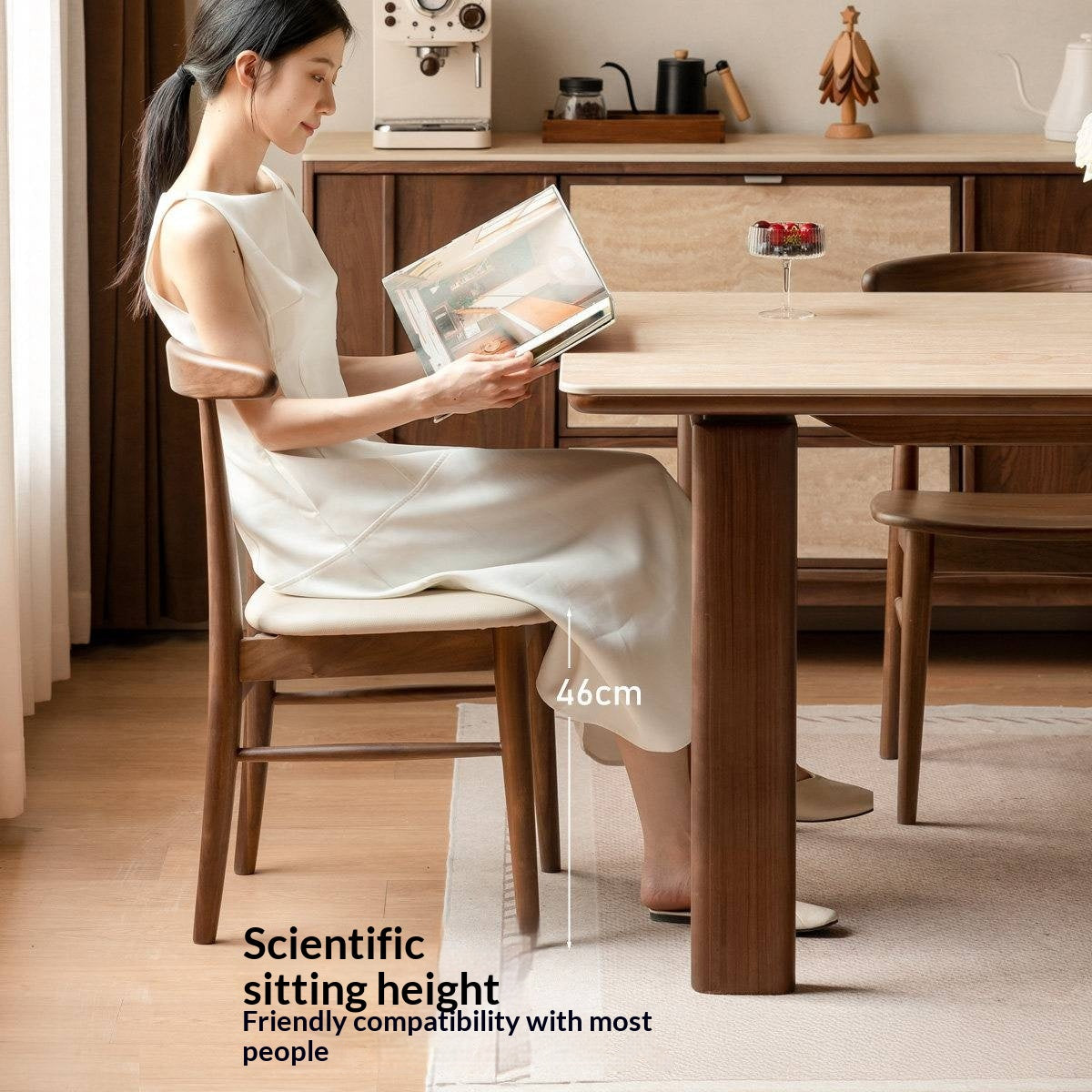 4 pcs -Black Walnut Solid Wood Dining Chair, Curved Back Scandinavian