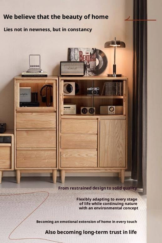 Ash Solid Wood Modern Minimalist Side Cabinet with Light.