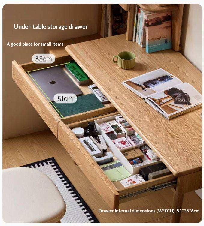 Oak Solid Wood Corner Office Desk with Integrated Bookshelf