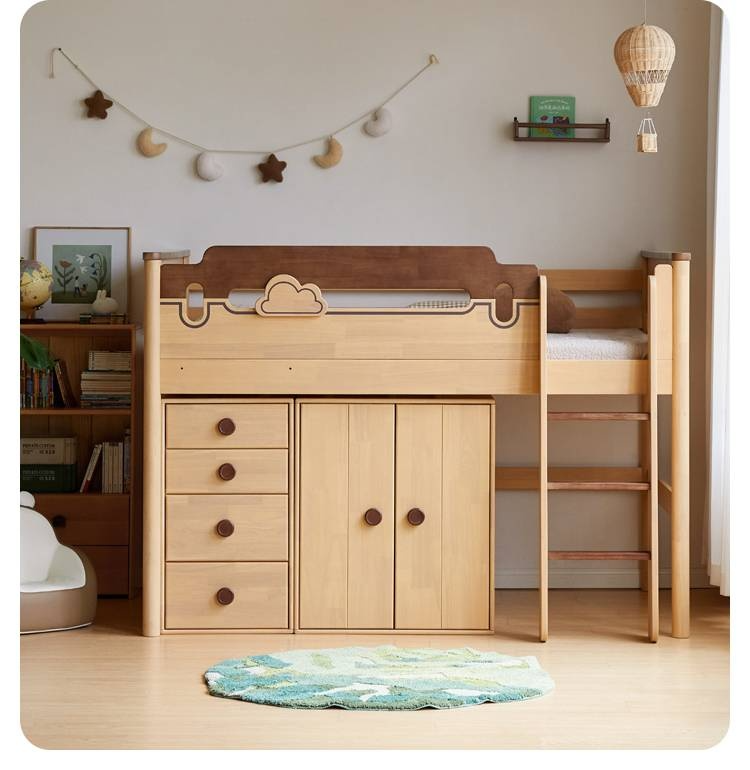 Rubberwood Solid Wood Children's Loft Bed with Under-Bed Cabinets