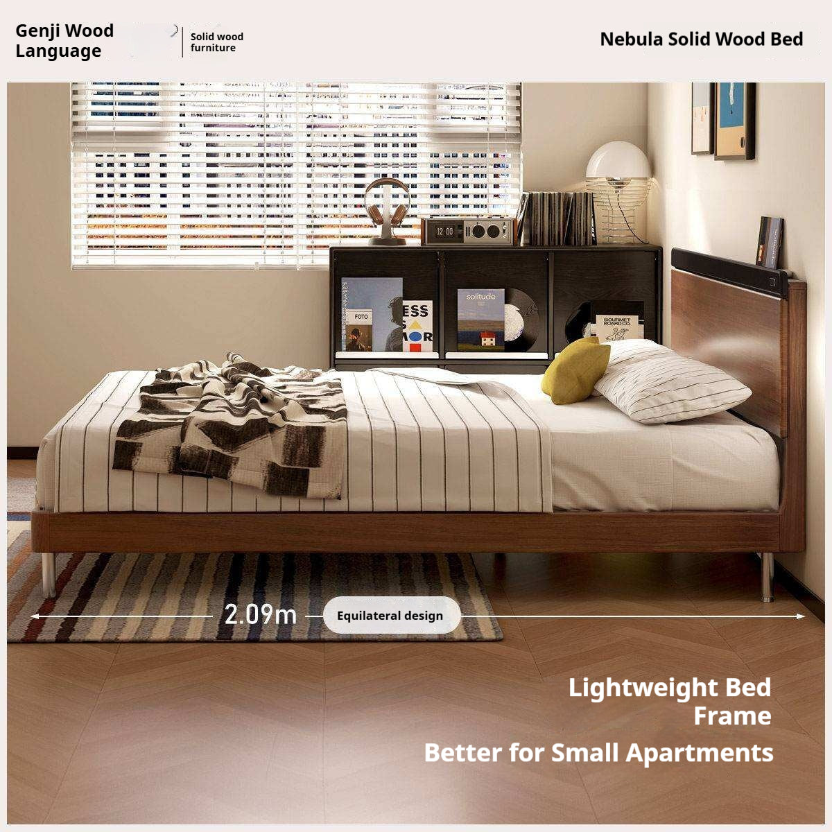 Rubberwood Solid Wood Platform Bed with Metal Legs and Two-Tone Headboard