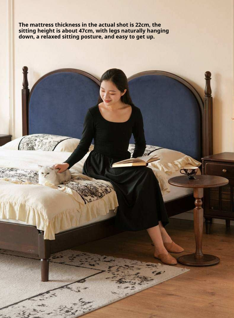 Poplar Solid Wood Bed with Double Arched Upholstered Headboard and Turned Wood Posts
