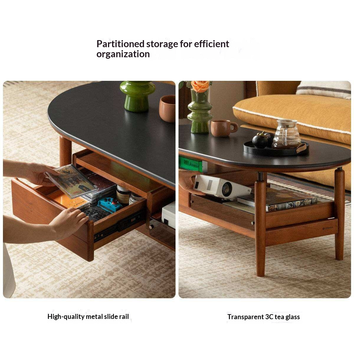 Tulipwood Solid Wood Coffee Table with Rock Slab Top in Retro Style