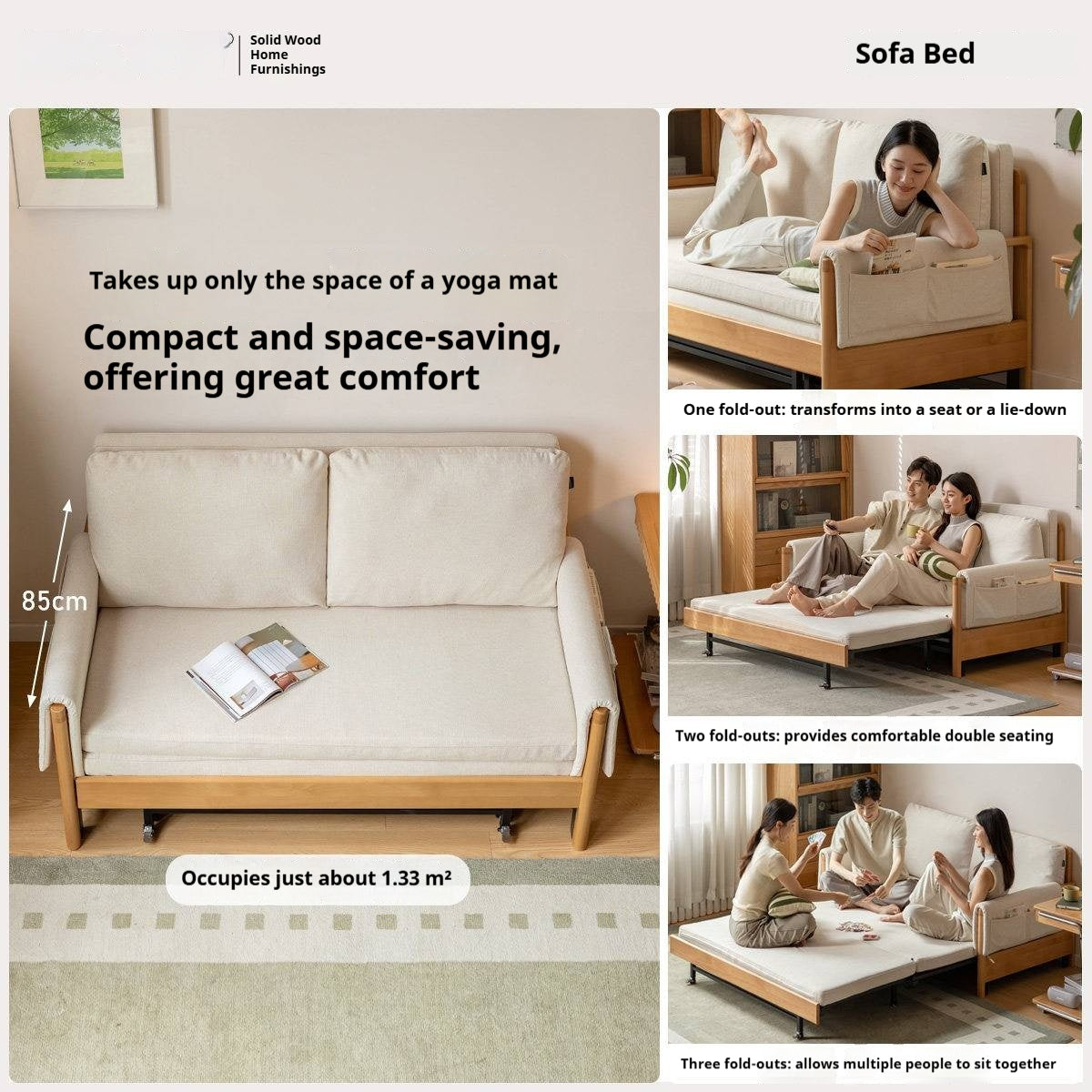 Beech Solid Wood Sleeper Sofa with Pull-Out Bed and Slatted Wood Armrests