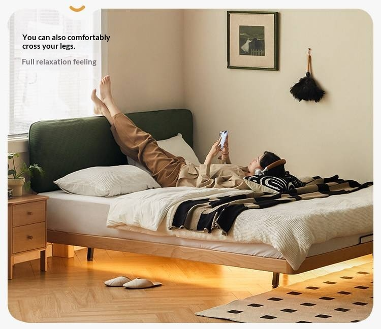 Beech Solid Wood Upholstered Bed — Retro Style with Floating Design, Luminous Light, Luxury Finish