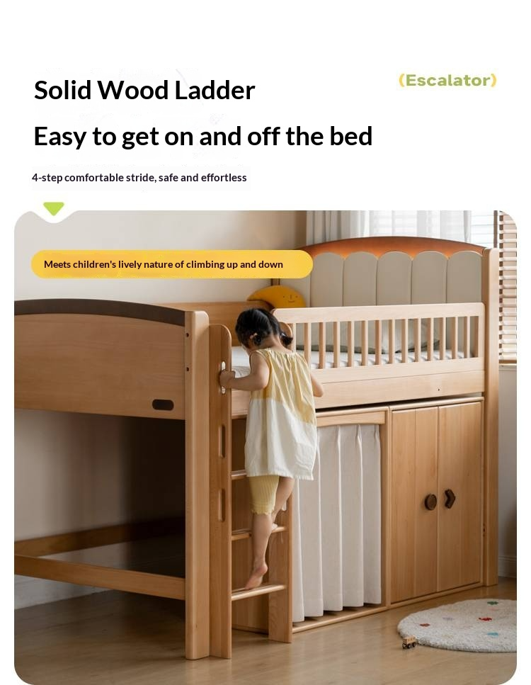 Beech Solid Wood Children's Soft Backrest Storage Loft Bed with Night Light