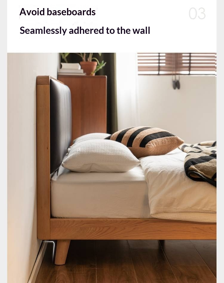 Cherry Solid Wood Bed with Top Layer Cowhide Soft Headboard Retro Style