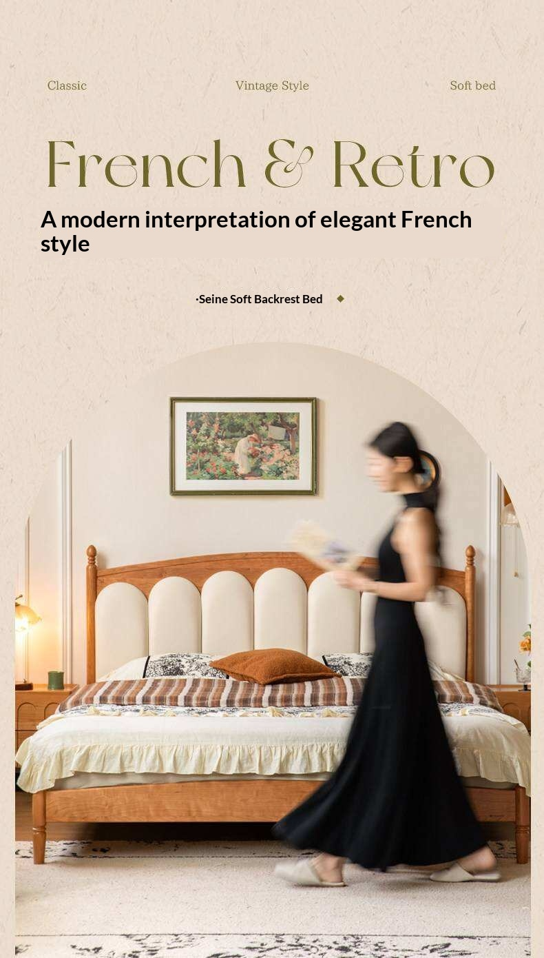 Cherry Solid Wood Genuine Leather, Velvet French-Inspired Scalloped Headboard Bed