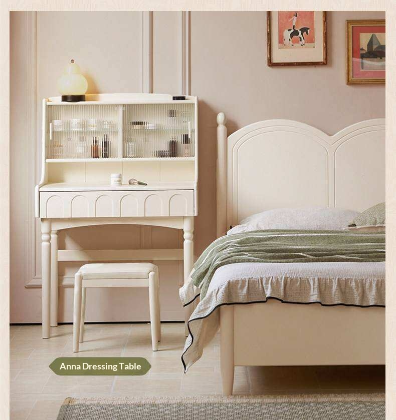 Rubberwood Solid Wood Bed with White Cream Style Large Box Frame