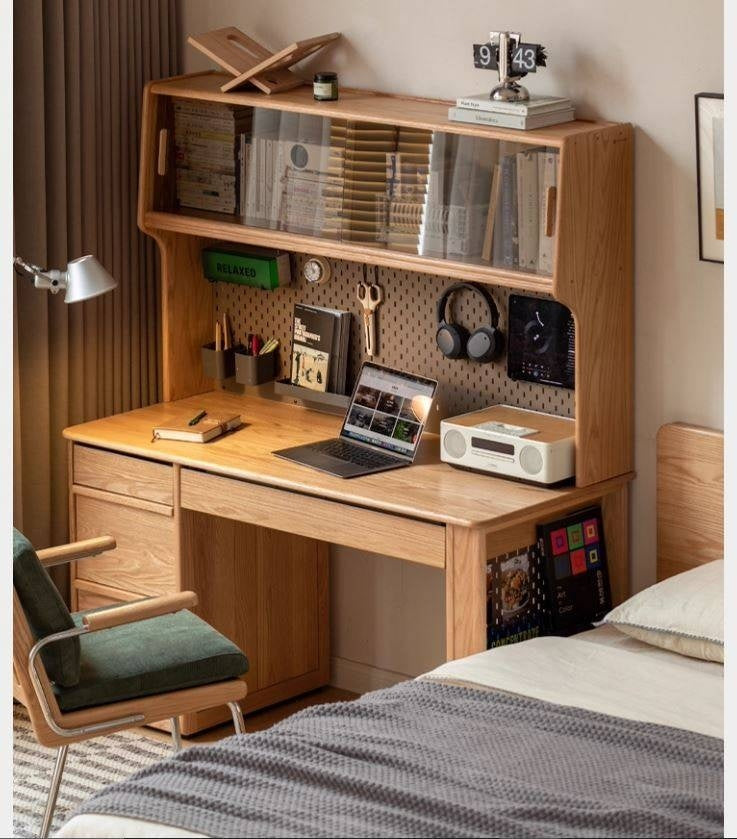 Oak Solid Wood Modern Computer Desk With Shelf