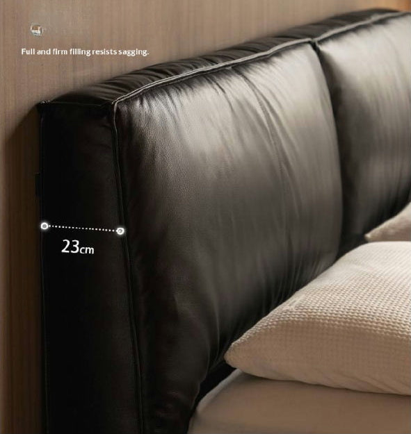 Genuine Leather Upholstered Bed — Black Large Bed, Italian Light Luxury Design