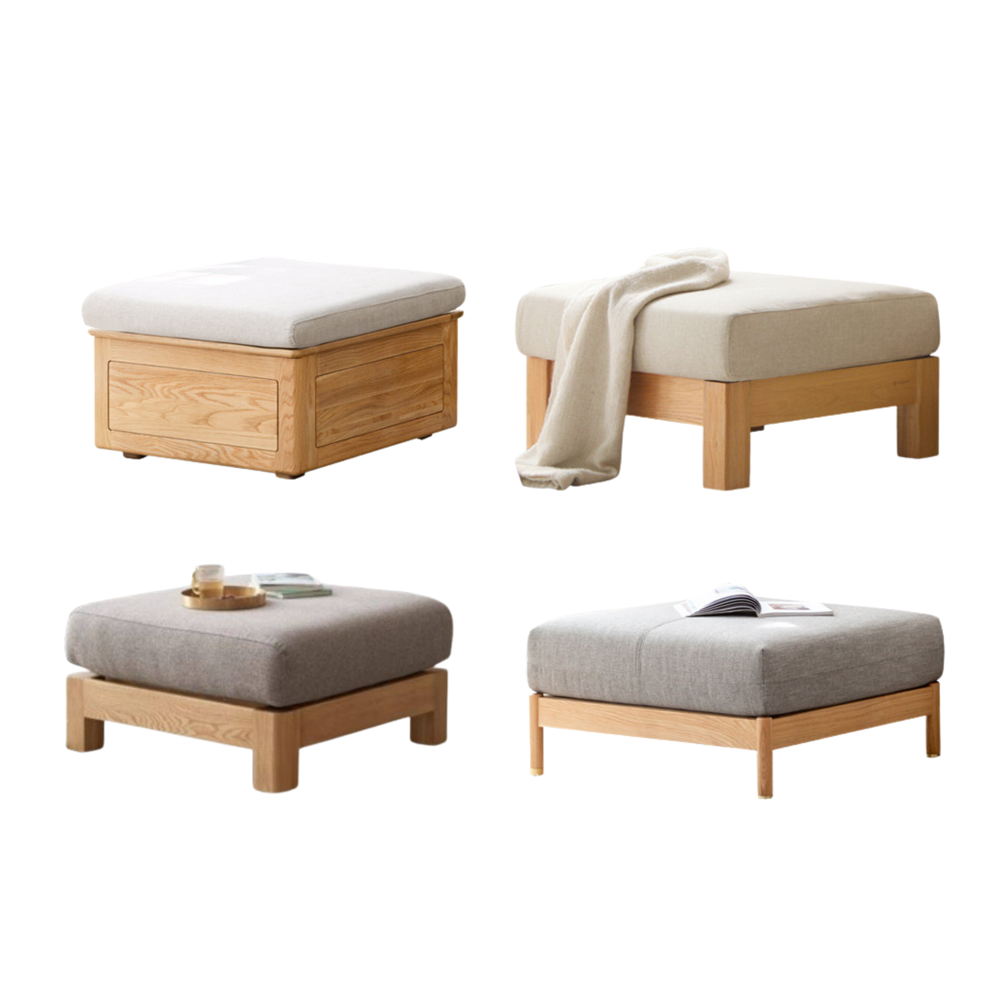 Ash, Oak, Black Walnut Solid Wood  Fabric Footstool