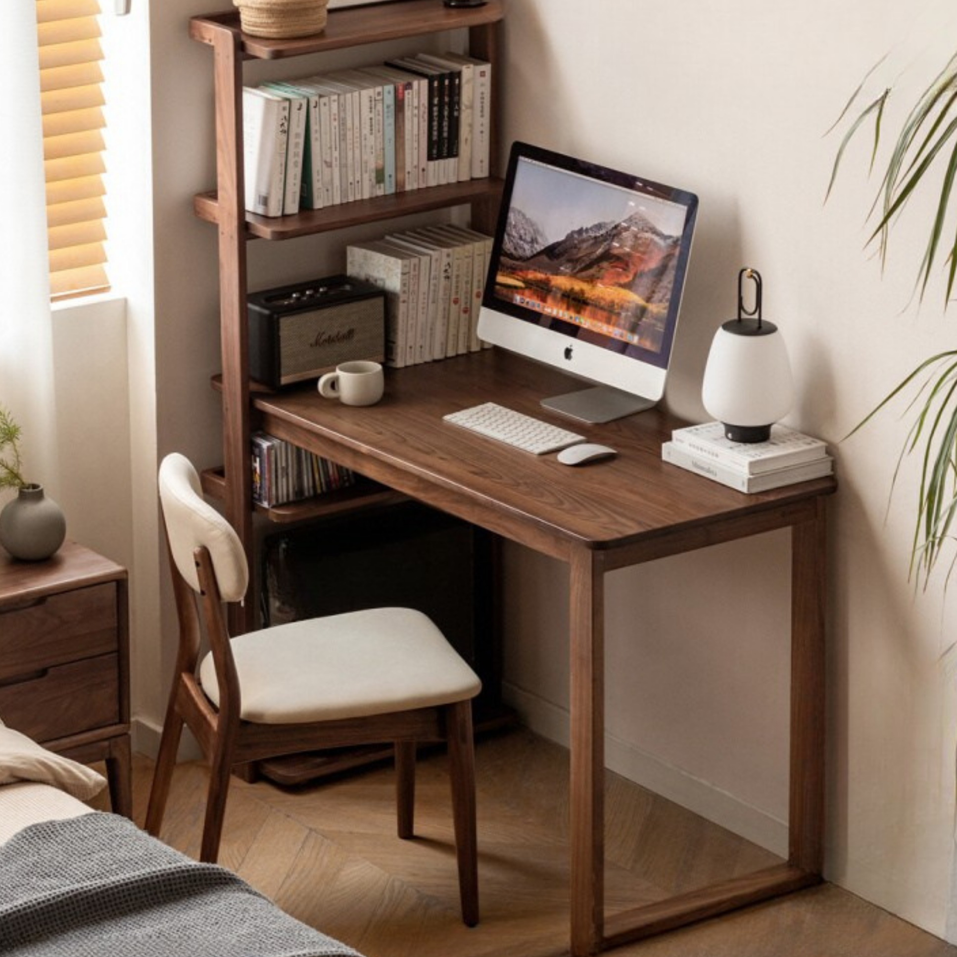 Black Walnut, Ash Solid Wood Desk Bookshelf Integrated