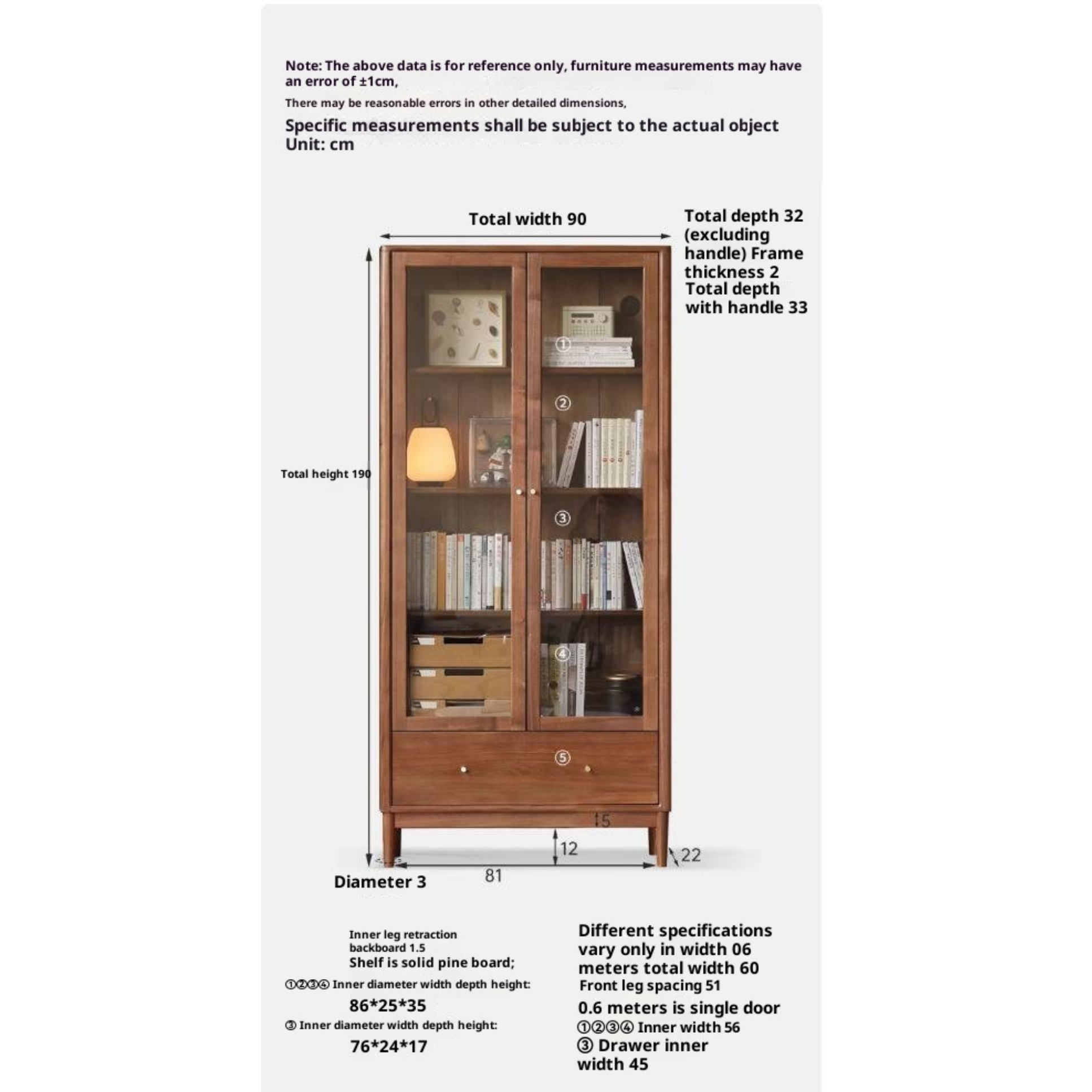 Black Walnut Solid Wood Bookcase With Glass Door