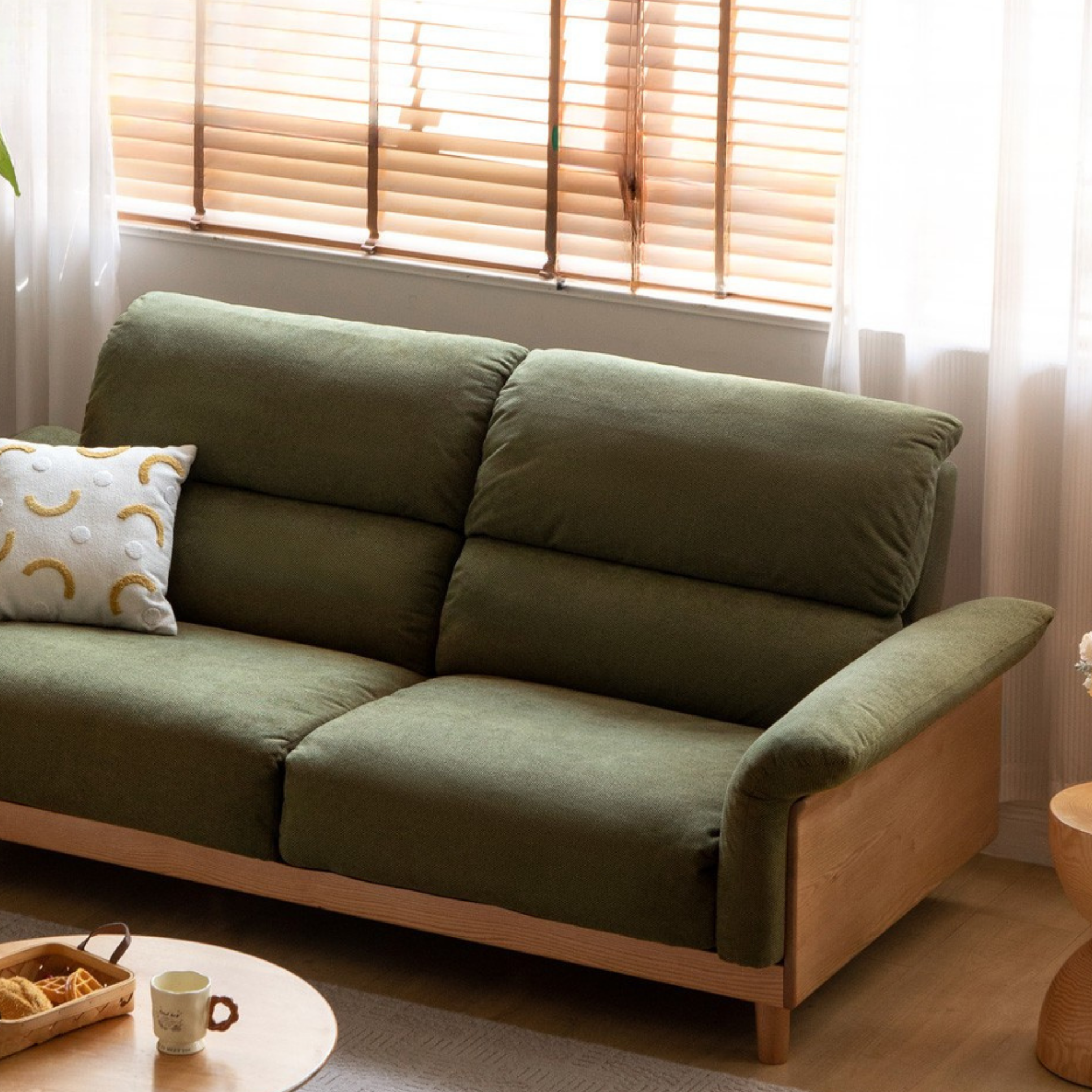 Oak Solid Wood Fabric Sofa, Couch with High Back Cushions, Durable Pet-Friendly Upholstery