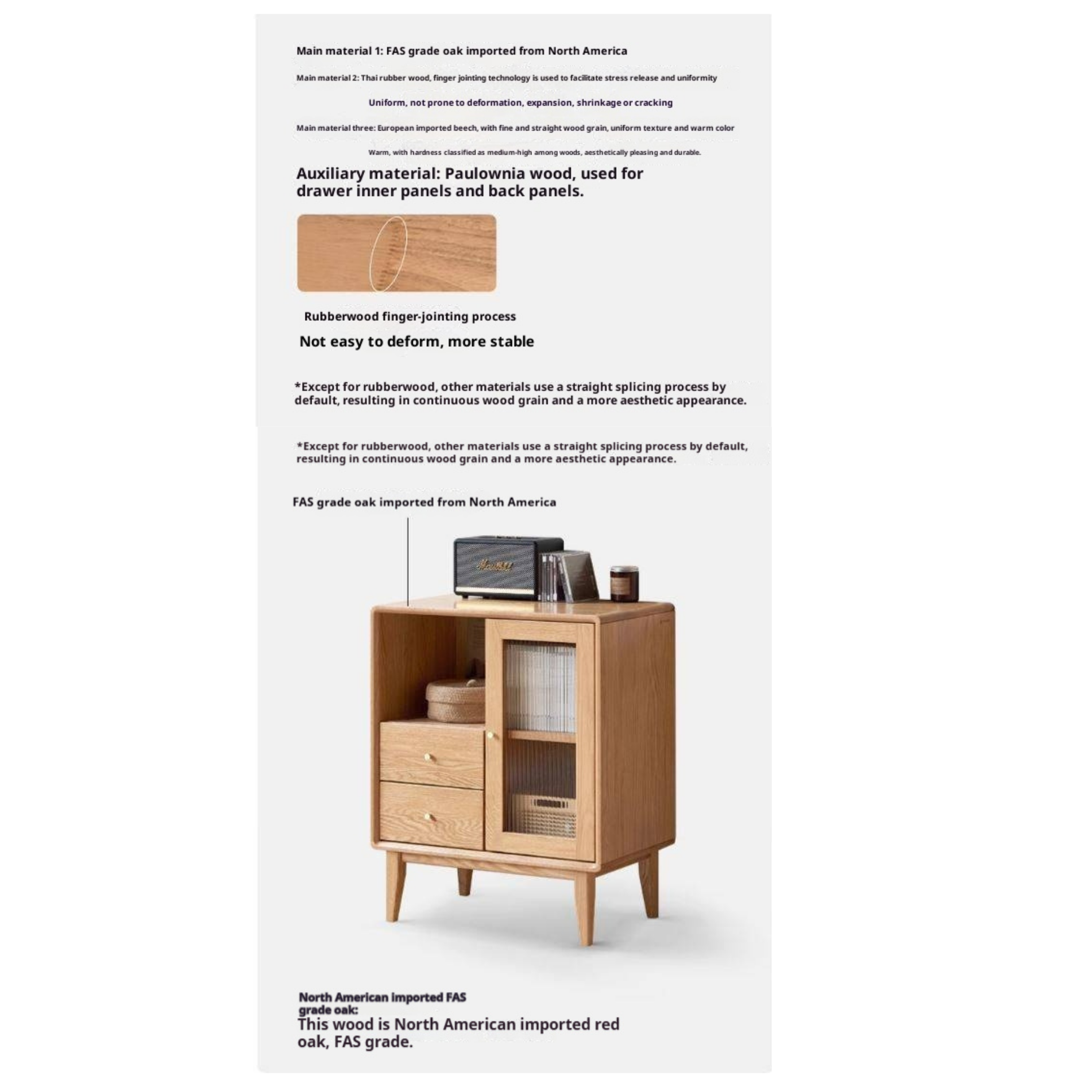 Oak, Beech Solid Wood, Solid Rubberwood Side Cabinet Nordic Style