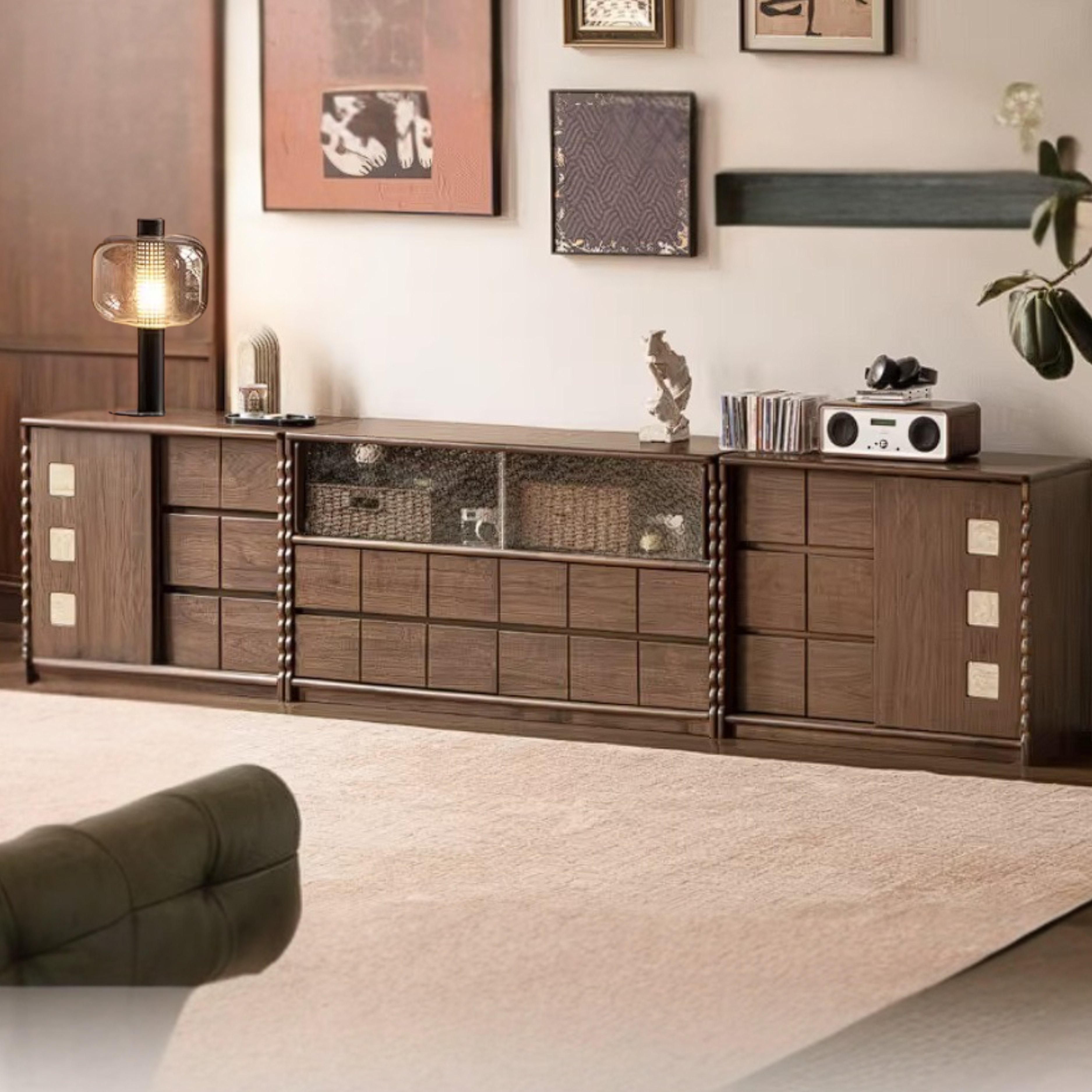 Black Walnut Solid Wood Tall TV Cabinet  Modular Sideboard, Mid Century Gallery Style Storage Cabinet with Fluted Details