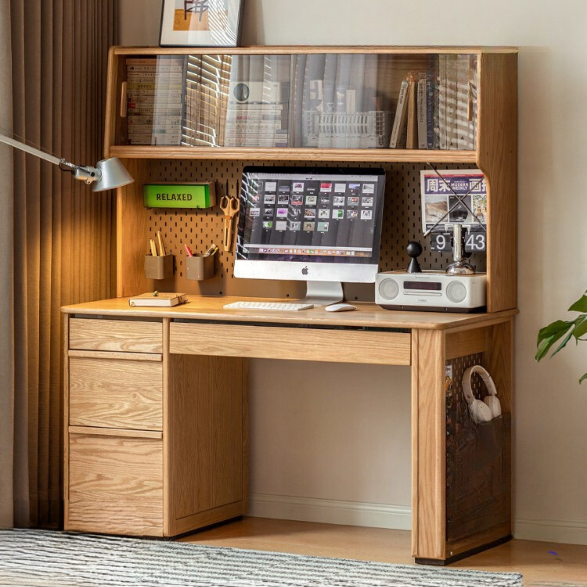 Oak Solid Wood Modern Computer Desk With Shelf
