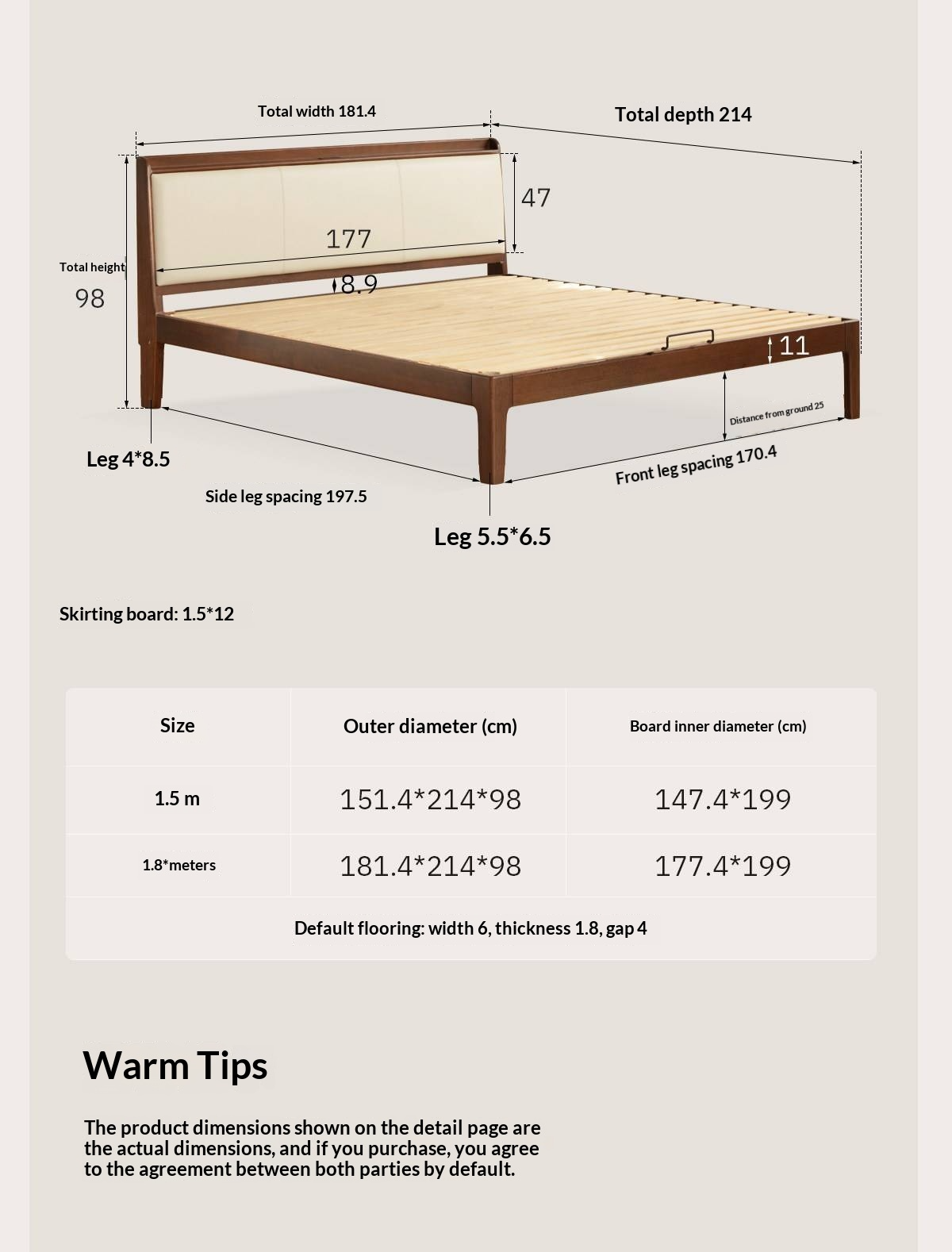 Golden Rosewood Solid Wood Modern Bed with Leather Upholstered Headboard and Built-In Power Outlets