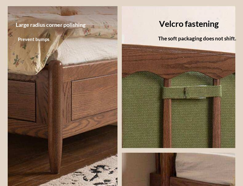 Oak Solid Wood French Country Tufted Storage Bed with Gas Lift and Turned Posts