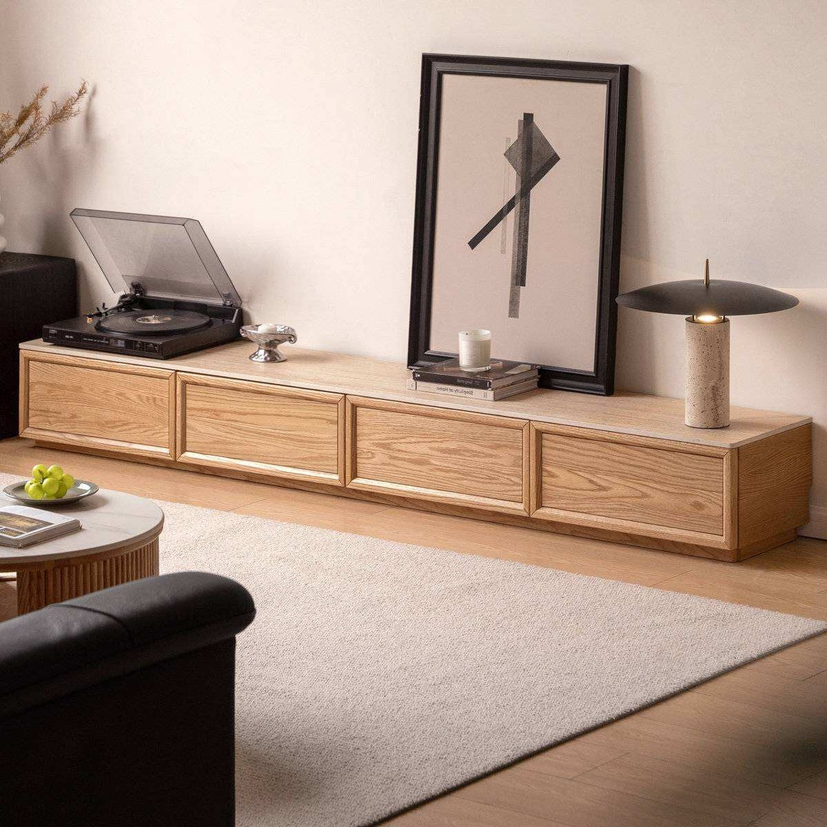 Oak Solid Wood TV Stand with Integrated Storage and Stone Top Panel