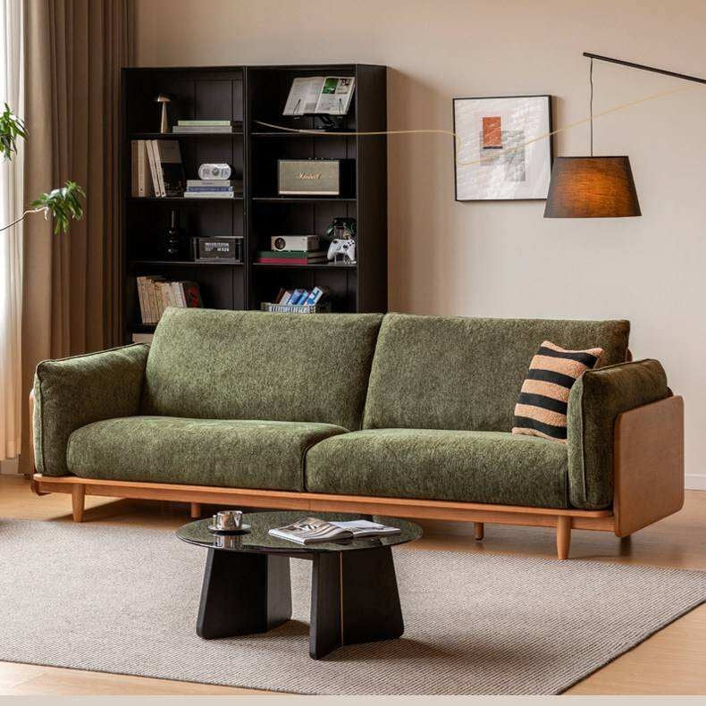 Cherry Wood Contemporary Casual Sofa Genuine Leather, Fabric